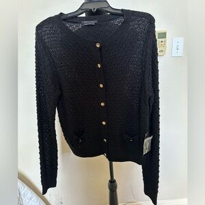 BCBGMaxAzria Crew Neck Long Sleeve Button Front Cardigan with Gold Accents. Sz L